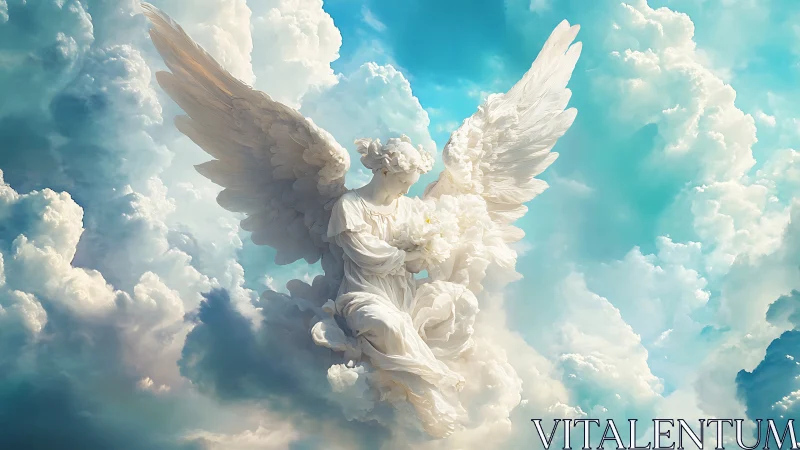 Majestic angel cradles glowing light amid radiant clouds.