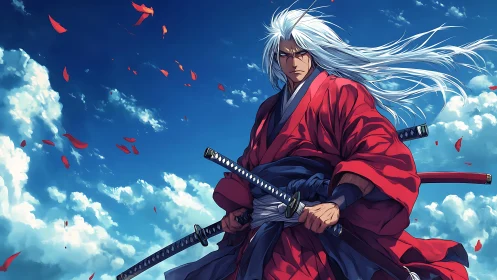 Storm-eyed swordsage amid sky-swept crimson petals.