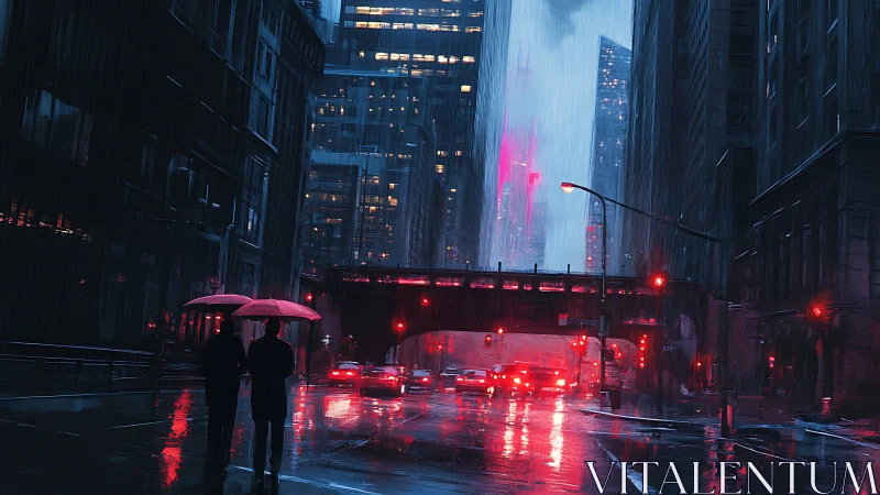 Nocturnal rain-soaked avenue with neon red urban reflections.