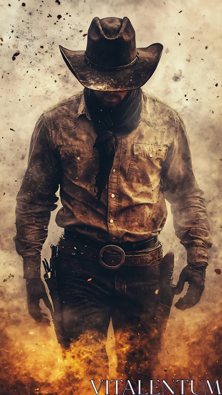 Lone gunslinger strides through embers in dramatic digital chiaroscuro