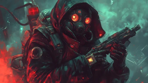 Lone cyberpunk soldier advances through neon storm