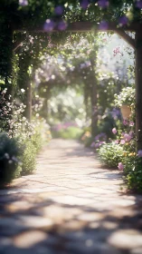 Sunlit floral arbor walkway under dreamy garden glow.