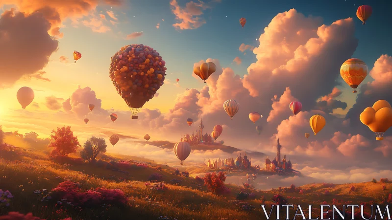 Fantasy valley sky filled with hot air balloons at sunrise.