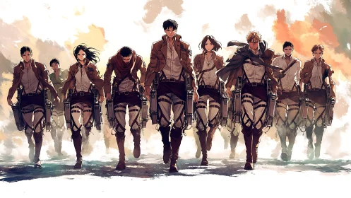 Anime scout squad advances through smoky battlefield.