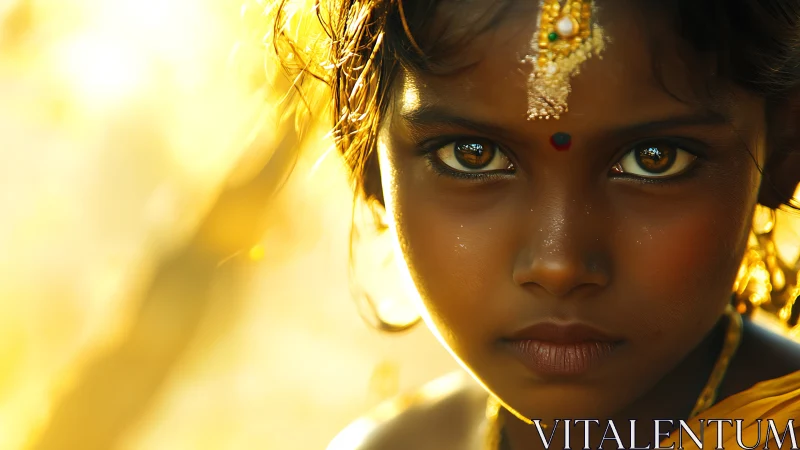 Portrait captures intense gaze of child in golden light