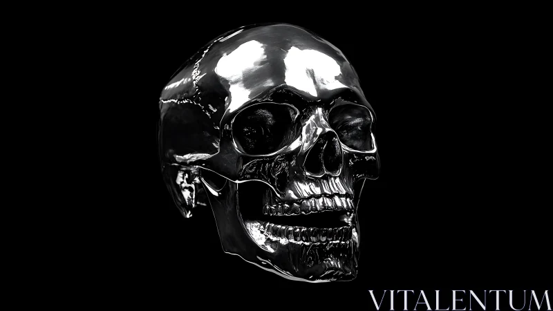Chrome human skull render on solid black background.