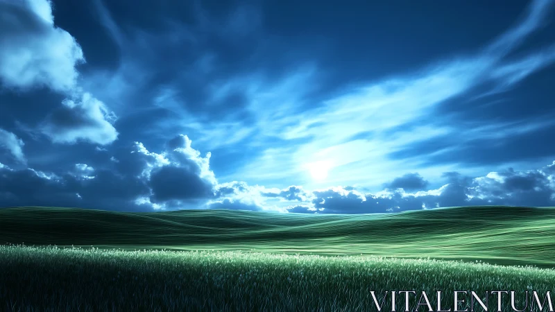 Moonlit breeze over rolling fields and a dreamy blue sky.