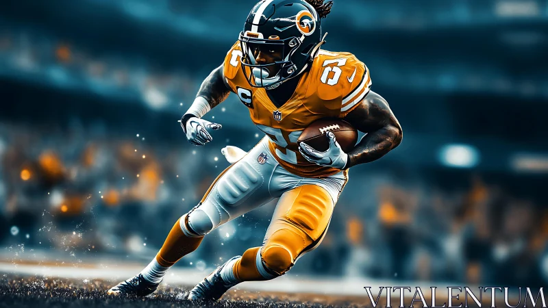 Dynamic gridiron running back sprints through blurred stadium