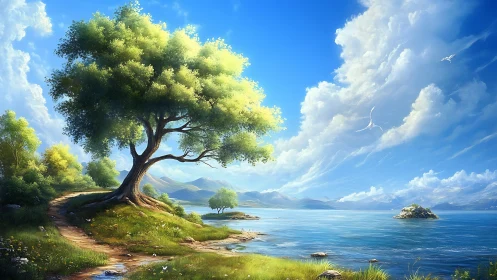 Ancient Tree Overlooks Mountain Lake.