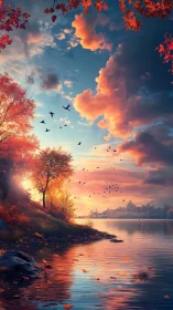 Autumn lakeside sunset with volumetric clouds and color-rich foliage