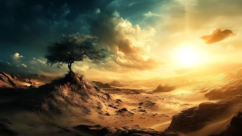 Solitary tree on windswept desert ridge under radiant sunset