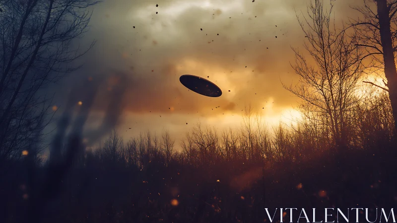 Dark forest sky holds lone UFO against burning sunset clouds