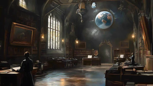 Historic library interior with suspended illuminated globe.