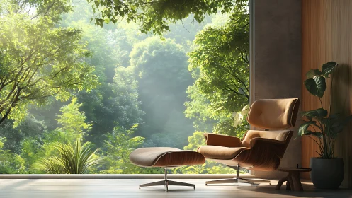 Lounge chair overlooks lush forest through vast window.