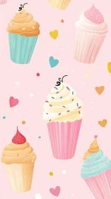 Whimsical Cupcakes with Hearts. Sweet Dessert Illustration.
