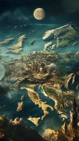 Moonlit Europe drifts as a carved continent above dreaming seas