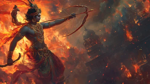 Divine archer amid burning citadel under storming flames.
