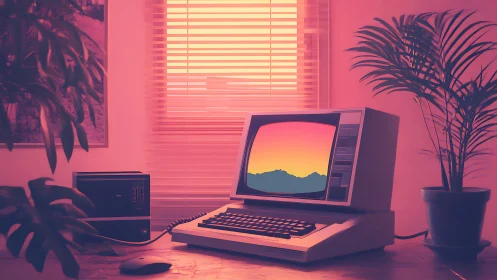 Retro workstation with neon sunset display in pastel lighting.