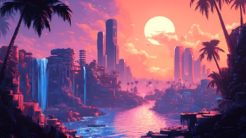 Futuristic river valley with waterfalls and highrise towers.