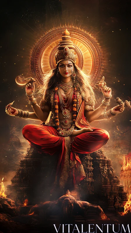 Divine multi-armed goddess figure over fiery temple ruins.