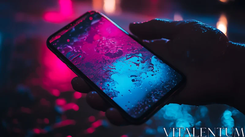 Neon-lit wet smartphone screen glows in moody darkness.