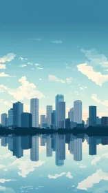 Skyline reflection merges glass towers and pastel dawn