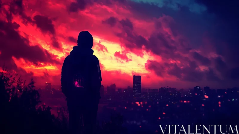 Silhouetted figure facing neon city under blazing sky.
