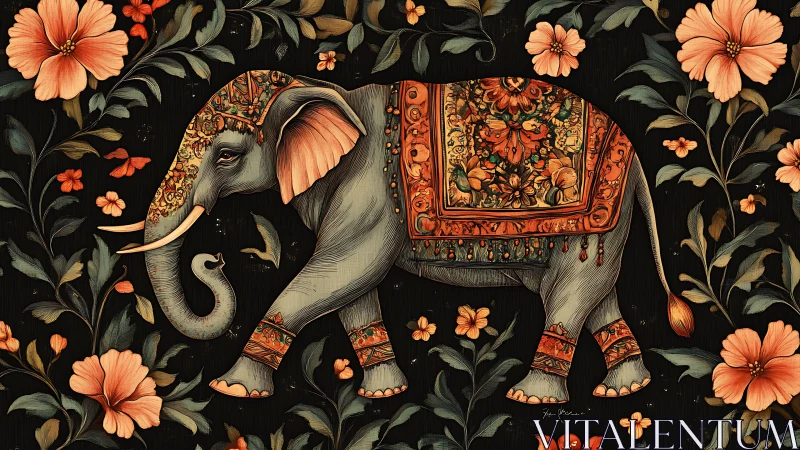 Ornamented elephant with floral pattern on dark ground.