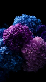 Chromatic Floral Arrangement: Blue, Magenta, and Lavender Hydrangea Clusters Against Black Backgroun