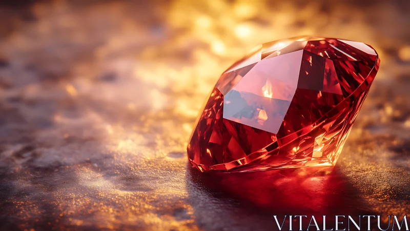 Red faceted gemstone on reflective surface under warm light.