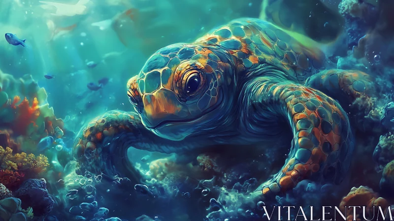 Glowing reef turtle drifts through neon-tinted daydream waters.