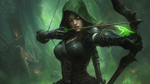 Emerald-eyed huntress drawing neon arrow in cursed forest.