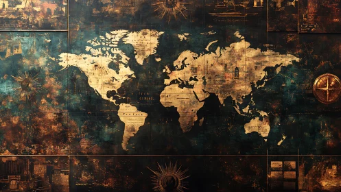 Golden world map glows softly on a richly aged backdrop