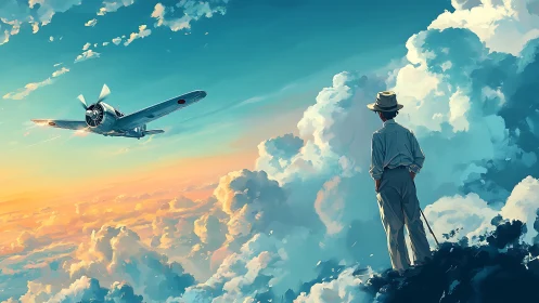 Aviation designer watching vintage fighter above sunlit clouds