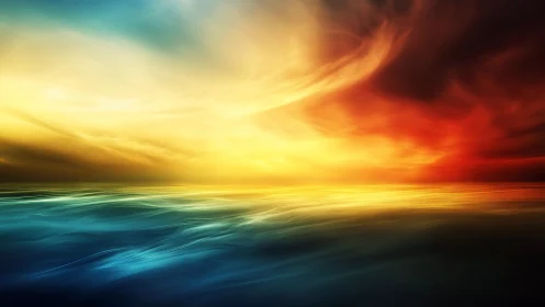 Abstract seascape merges chromatic sunset sky and fluid horizon