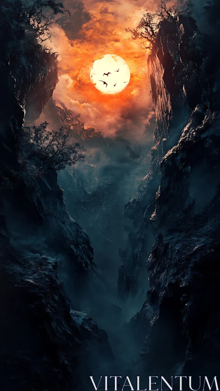 Burning sun over shadowed canyon in dark fantasy vista.