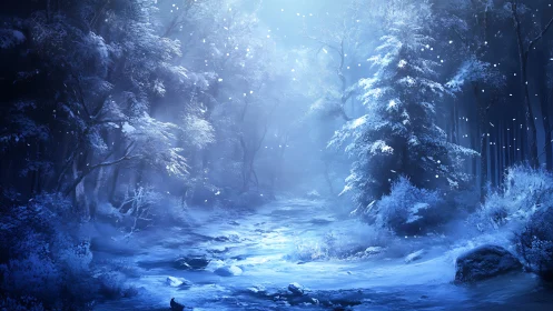 Silent winter forest glows gently under drifting snow