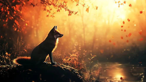 Fox sits beside forest pond under bright autumn backlight.
