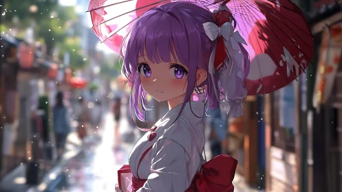 Purple haired girl under red wagasa in sunlit street.