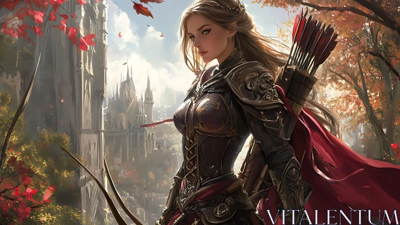 Armored elven archer surveys fortified gothic city in autumn light
