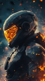 Futuristic armored soldier in flames and smoke profile view.