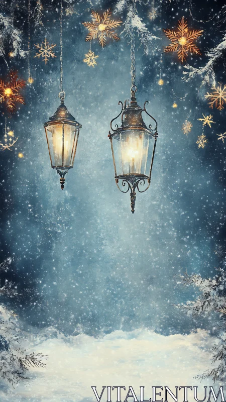 Digital painting of vintage lanterns in a snowy vertical scene.