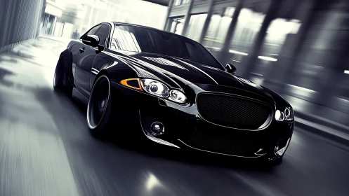 Black sports sedan cuts through blurred city tunnel at speed.