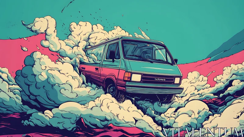 Chromatic drift van cutting stylized vapor plumes in motion.