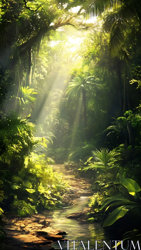 Sunlit Jungle Stream Sanctuary Illuminated by Golden Rays