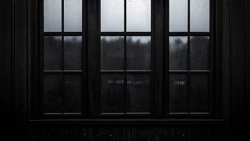 Rain-streaked black windows cradle a quiet, reflective dusk.
