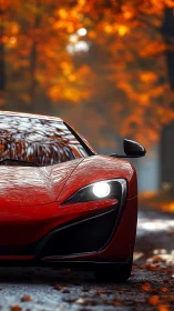 Red sports car front view on wet autumn forest road