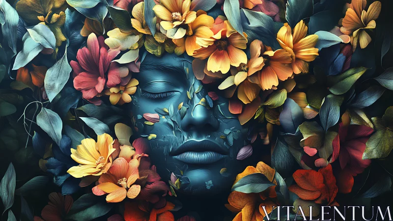 Floral-enveloped cobalt visage in high-contrast digital bloom.