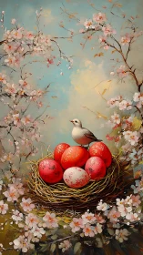 Small bird stands on painted eggs in nest among blossoms