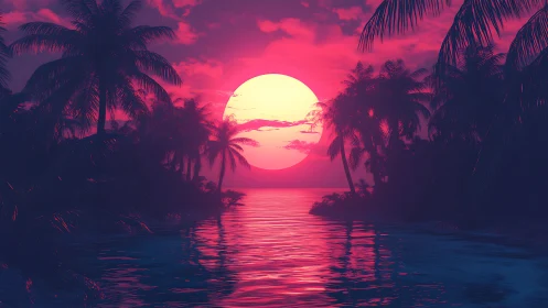 Neon tropical sunset over reflective palm-lined lagoon.